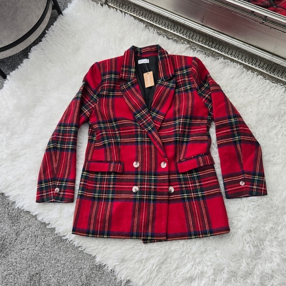 Vestique Chic Plaid Double-Breasted Mistletoe Blazer. Size Medium. New. - Picture 1 of 7